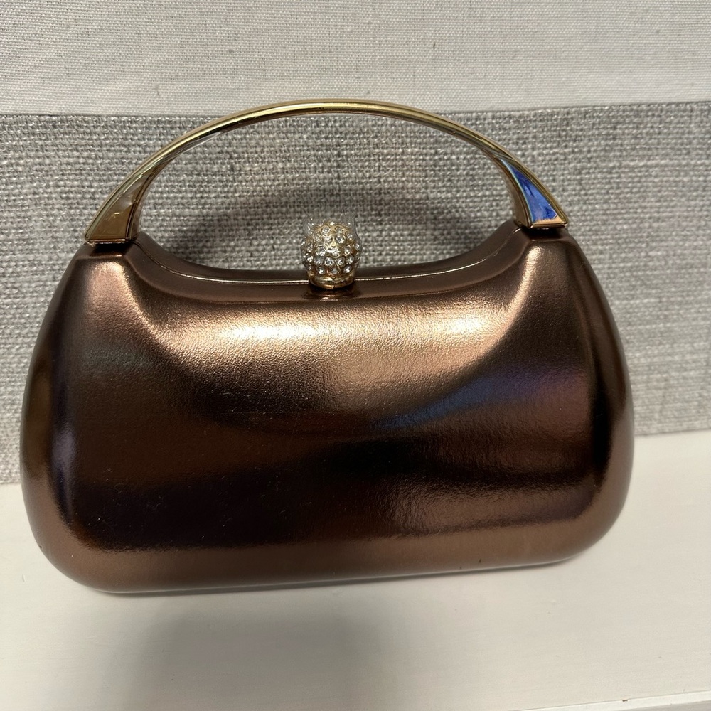Elegant Bronze Metallic Evening Handbag with Crystal Kiss Lock